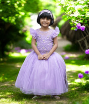 A baby girl wearing a lavender tulle net crop top with a full-length skirt, standing in a garden setting with flowers in the background.