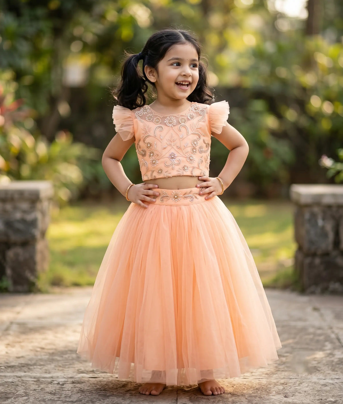 Peach Tulle Net Handworked Crop Top with Full Length Skirt For Baby Girl  [2244]
