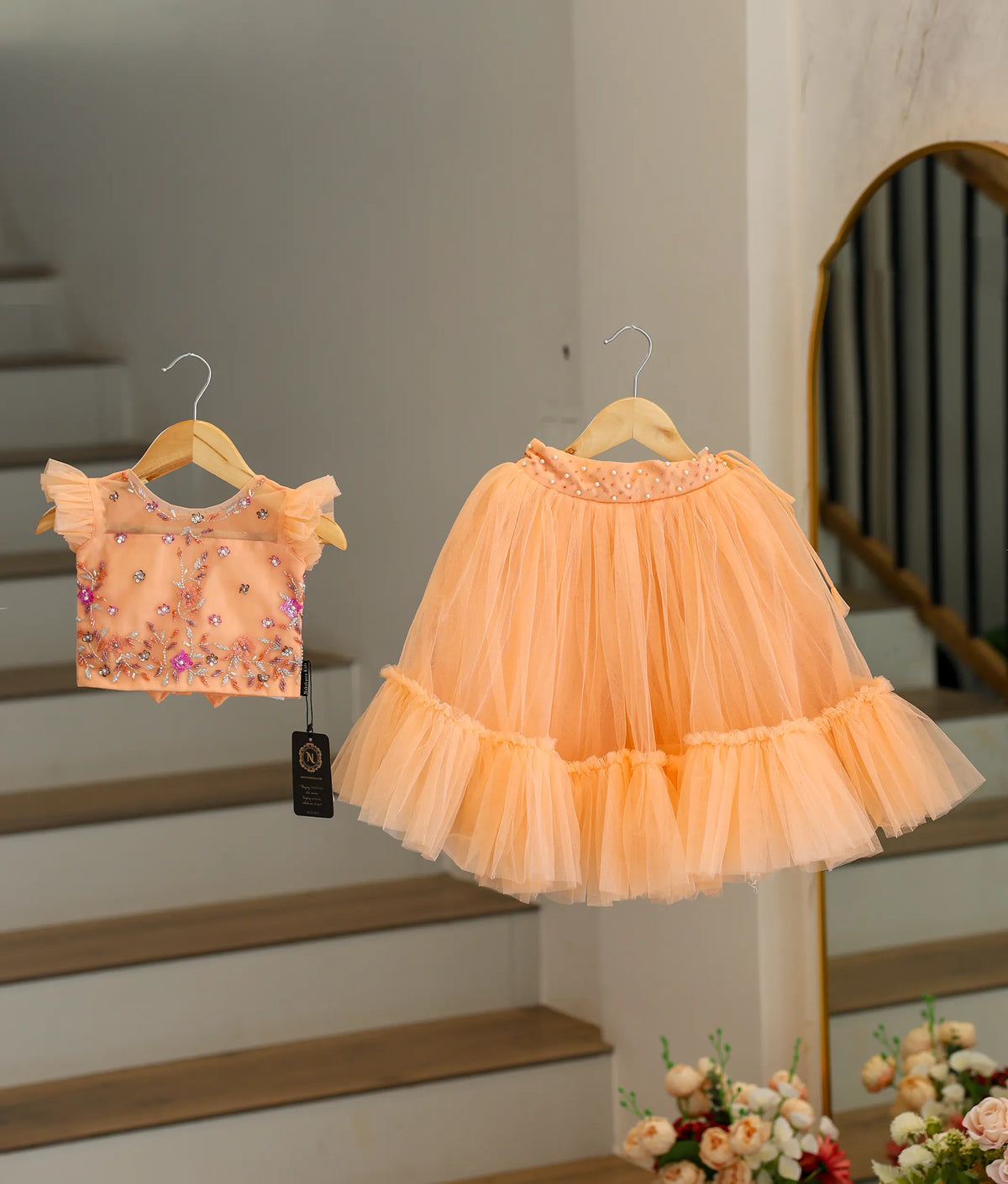 Peach Tulle Net Handworked Crop Top With Full Length Skirt For Baby Girl [2259]
