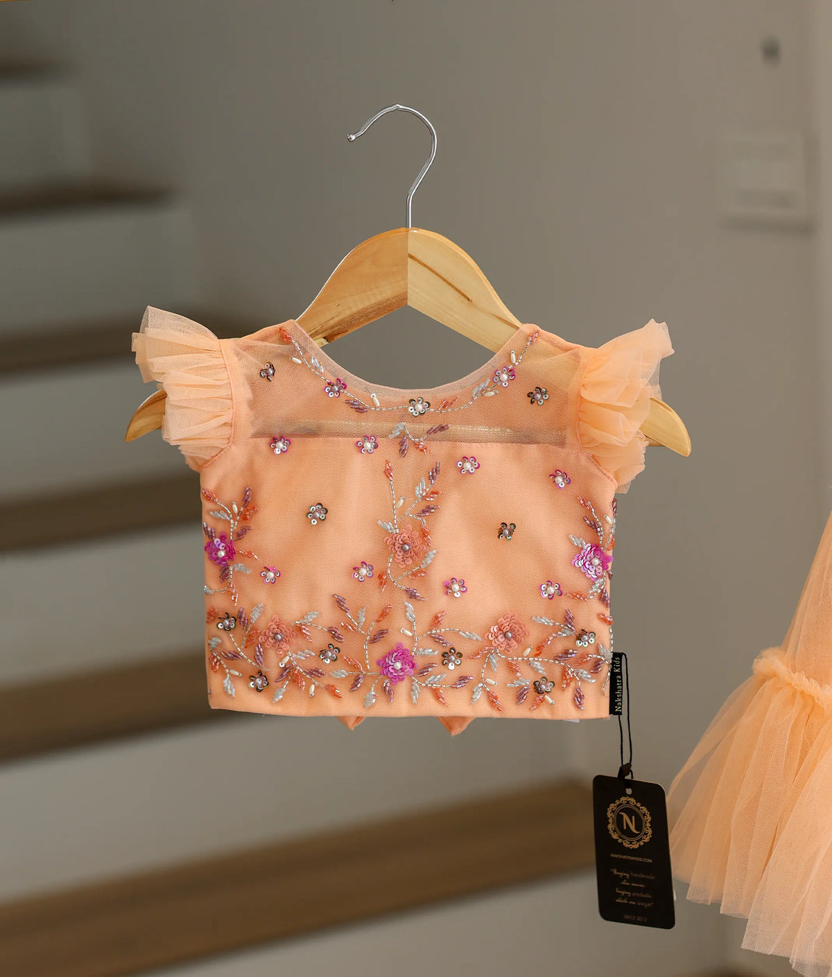 Peach Tulle Net Handworked Crop Top With Full Length Skirt For Baby Girl [2259]
