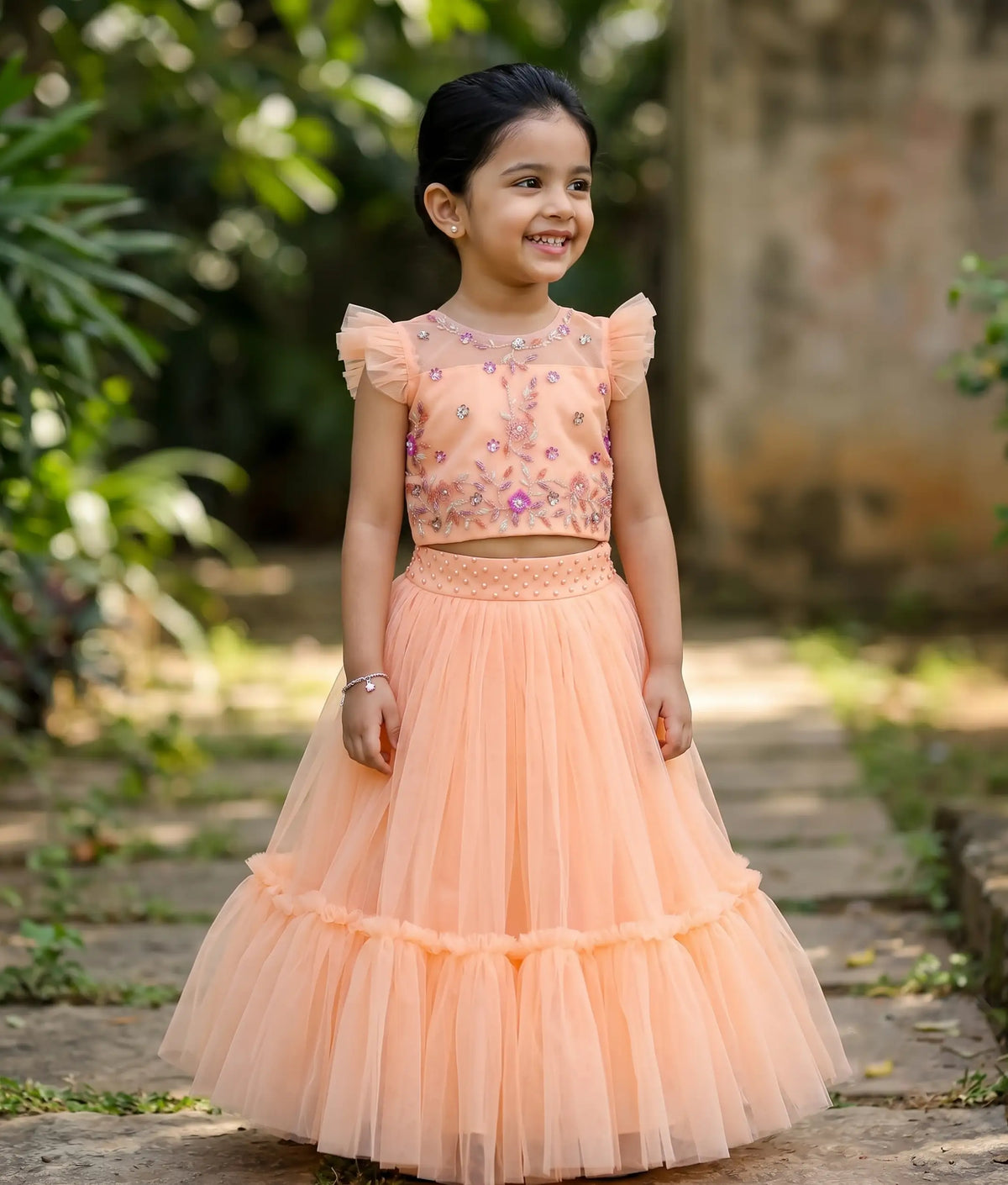 Peach Tulle Net Handworked Crop Top With Full Length Skirt For Baby Girl [2259]