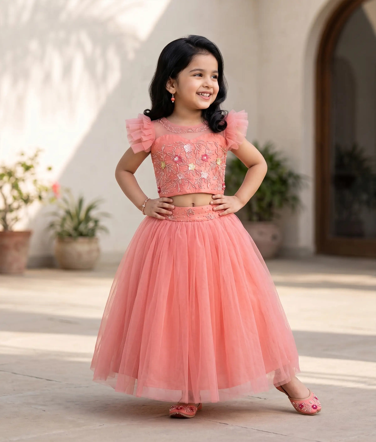 Pink Tulle Net Handworked Crop Top With Full Length Skirt For Baby Girl [2273]
