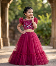Burgundy Tulle Net Handworked Crop Top With Full Length Skirt For Baby Girl [2274]