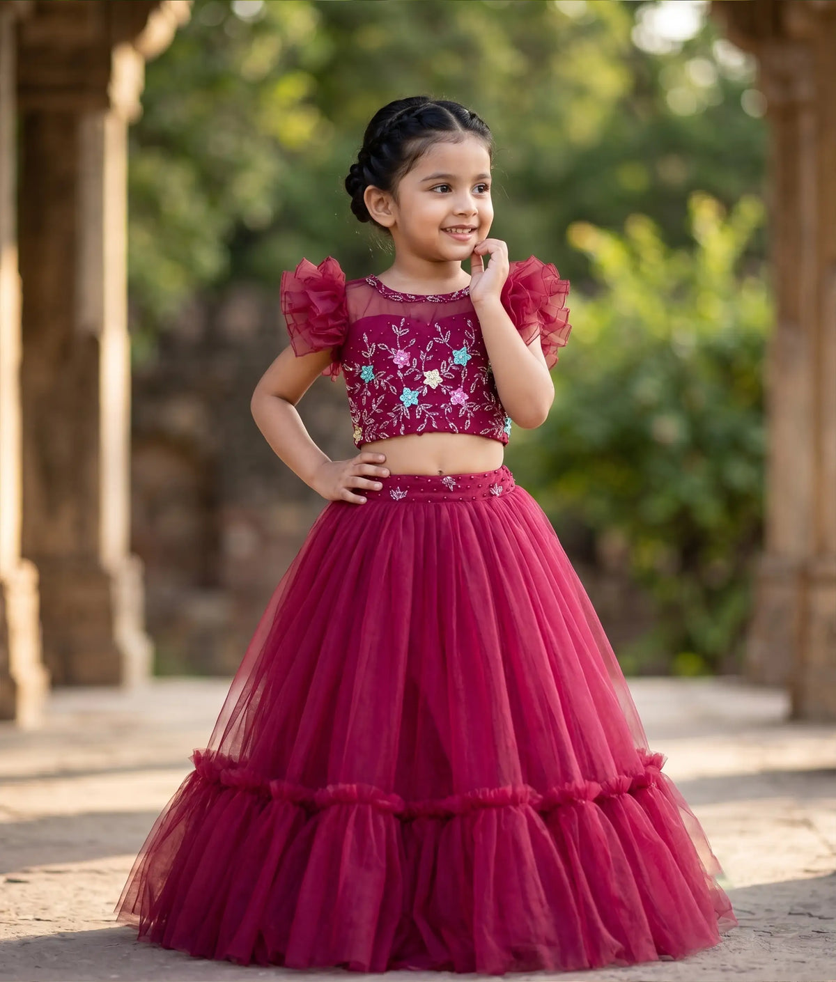 Burgundy Tulle Net Handworked Crop Top With Full Length Skirt For Baby Girl [2274]