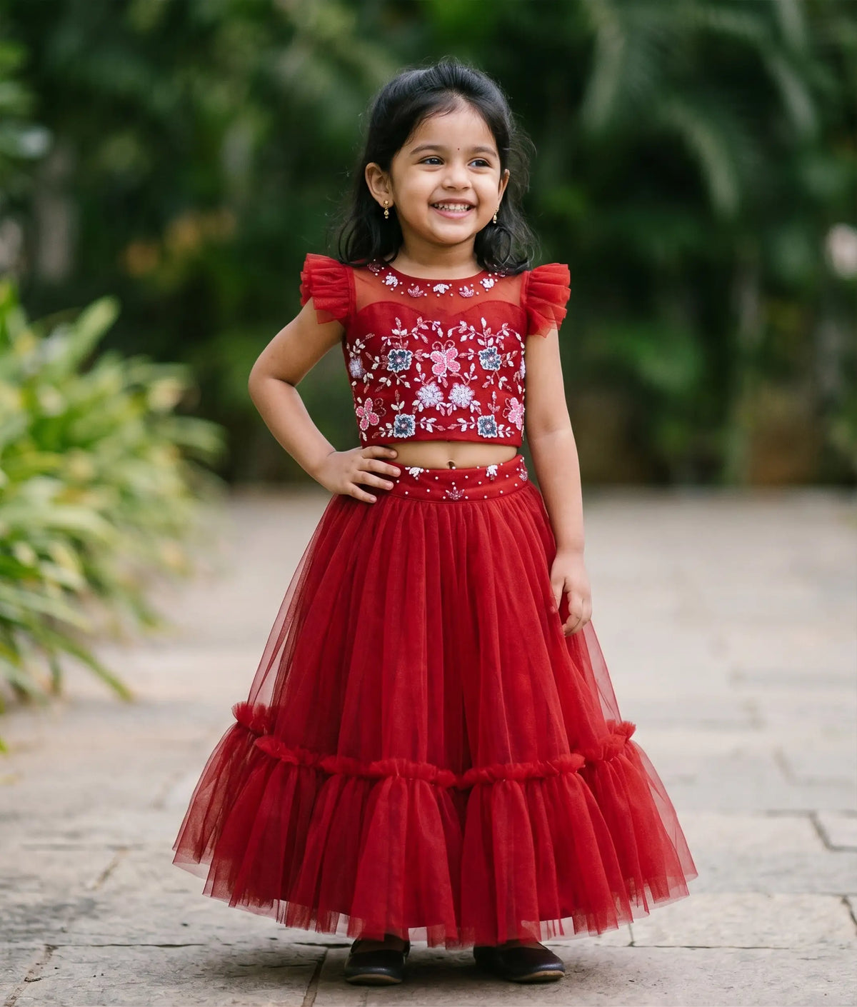 Red Tulle Net Handworked Crop Top With Full Length Skirt For Baby Girl [2275}