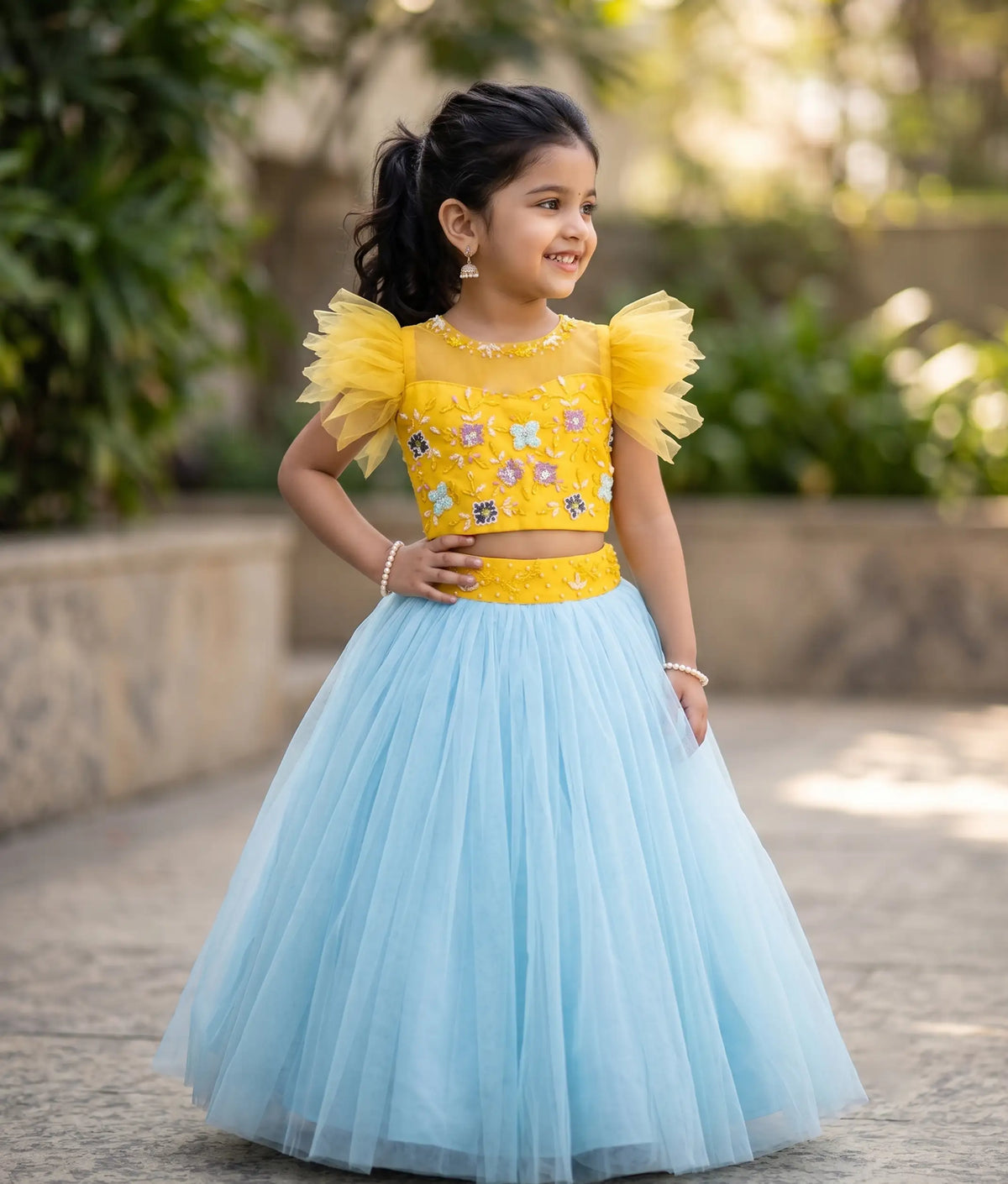 Yellow  Handworked Crop Top With Full Length Skirt For Baby Girl  [2276]