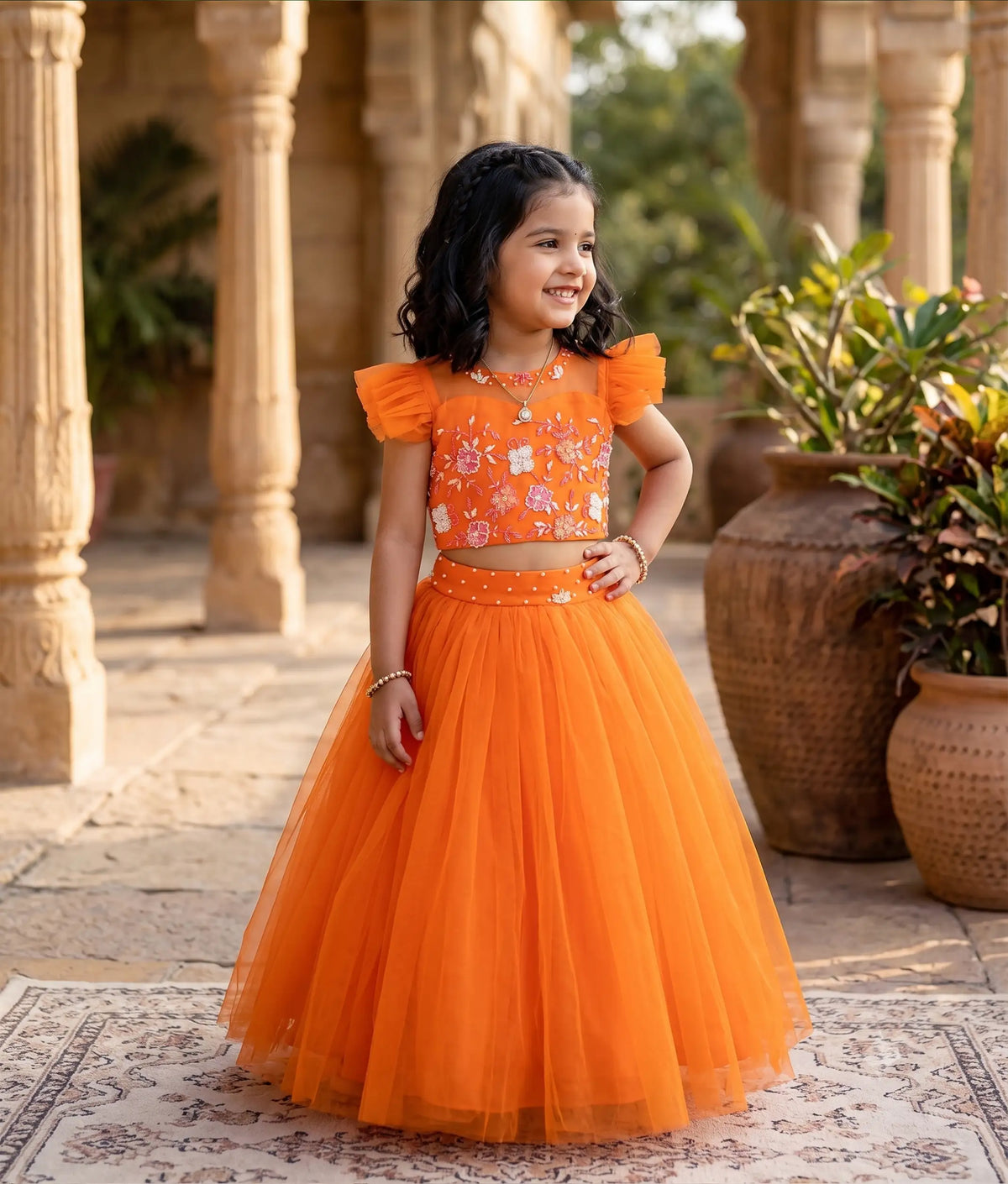 Orange Tulle Net Handworked Crop With Full Length Skirt For Baby Girl [2277]