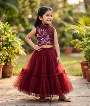Maroon Handwork Crop Top with Full Length Skirt For Baby girl [2278]