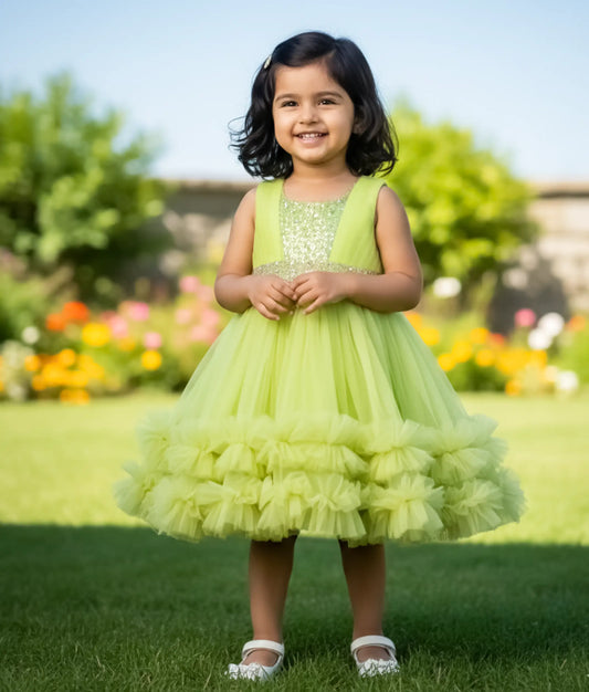 Green Tulle Net Handworked Party wear Frock For Baby Girl [Ready To Ship : 2283]