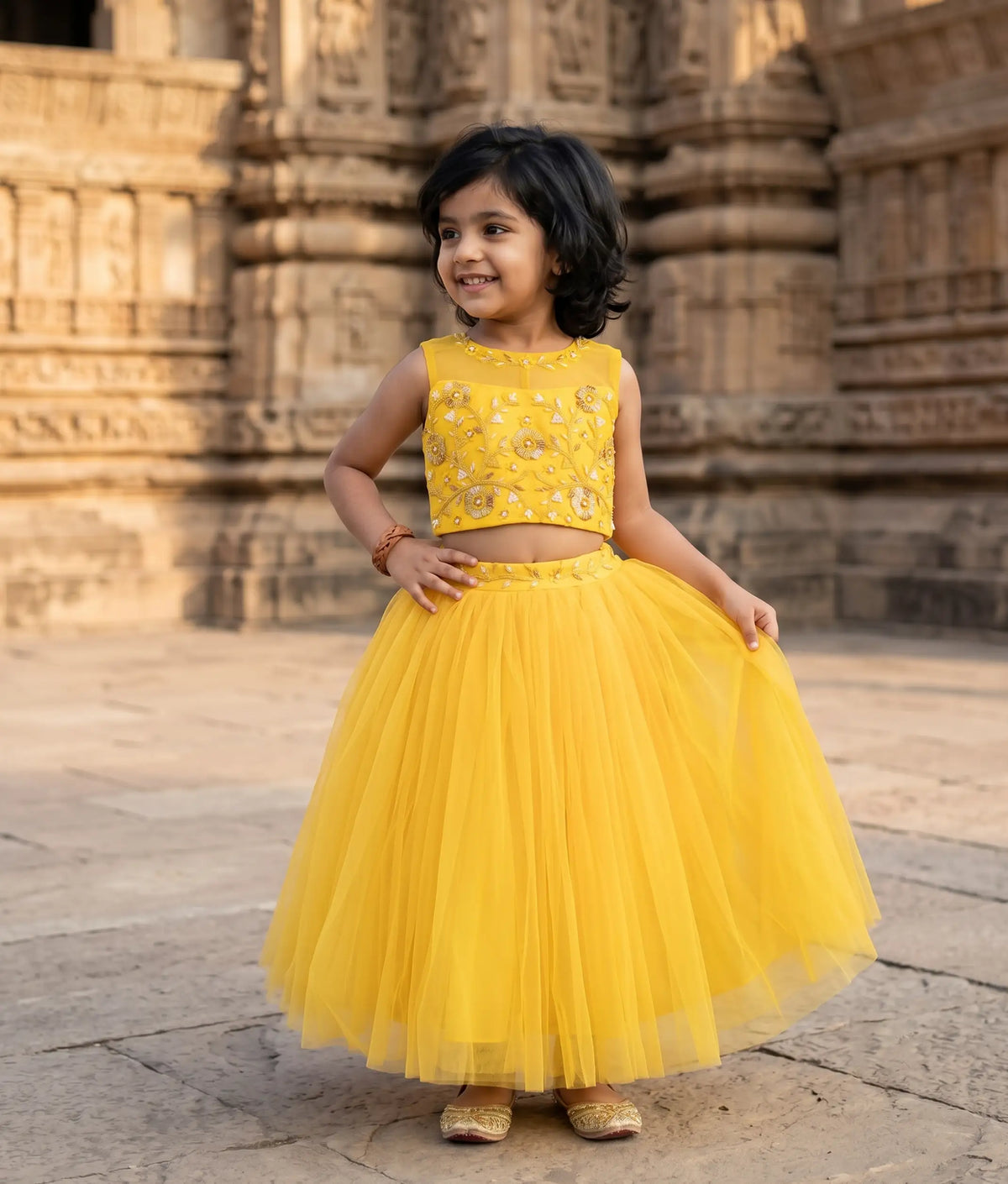 Yellow Tulle Net Handworked Crop Top with Full Length Skirt For Baby Girl [2321]