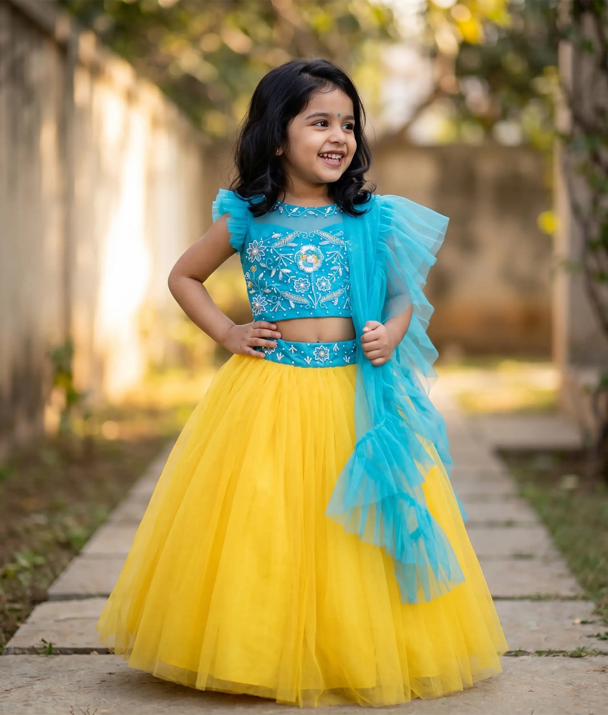 Blue Tulle Net Handworked Crop Top With Yellow Skirt For Diwali [2327]