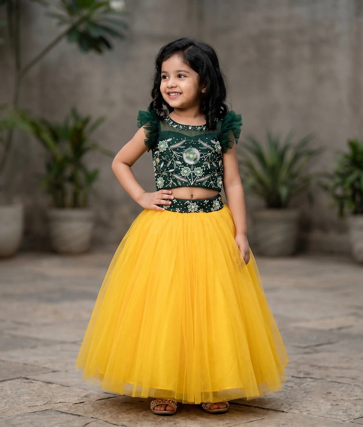 Green Handworked Crop Top with Yellow Skirt for Diwali [2328]