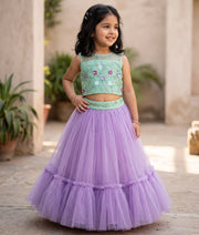 Mint Green and Lavender Tulle Net Handworked Skirt and Top for Baby Girl [2329]