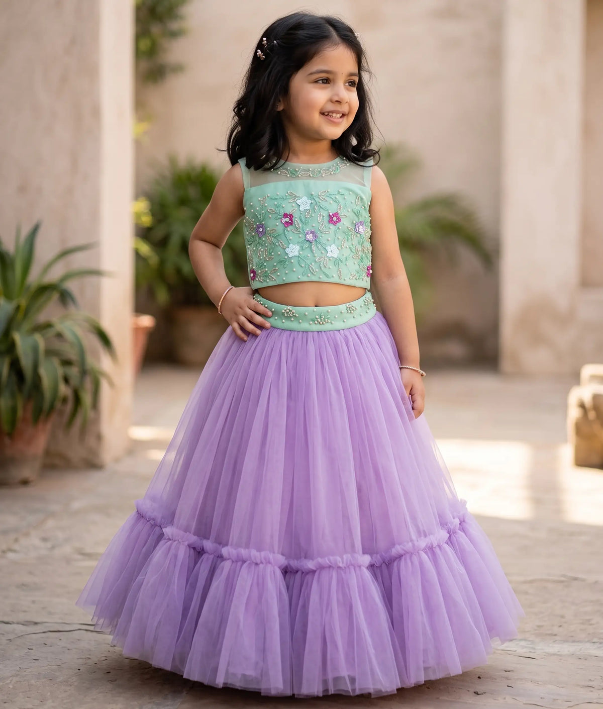 Mint Green and Lavender Tulle Net Handworked Skirt and Top for Baby Girl [2329]