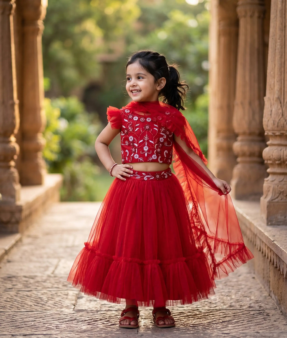 Red Tulle Net Handworked Crop Top With Skirt For Baby Girl [2331]