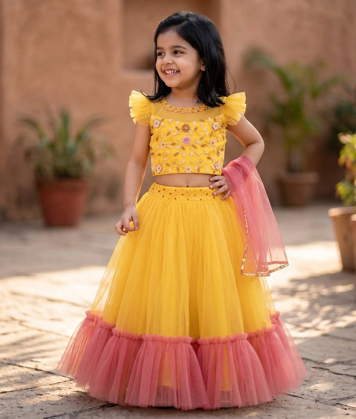 Yellow And Pink Tulle Net Handworked Skirt & Top For Baby Girl [2334]
