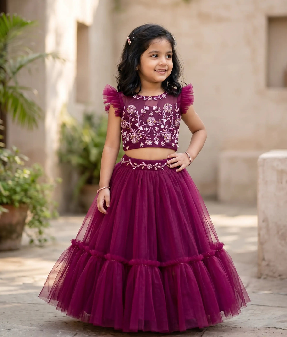 Grape wine Tulle Net Handworked Skirt and Top for Baby Girl [2336]