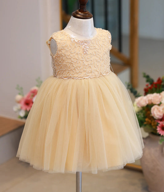 Beige Tulle Net birthday Frock For Baby Girl [Ready to ship :2352]