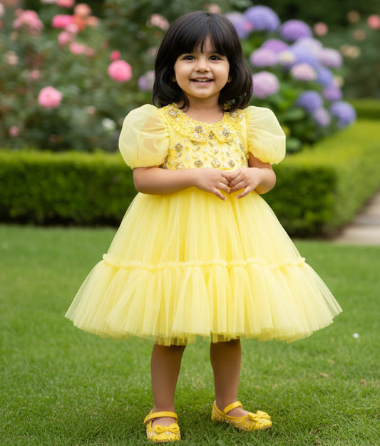 Yellow Tulle Net Handworked Birthday Frock For Baby Girl [Ready To Ship: 2357]