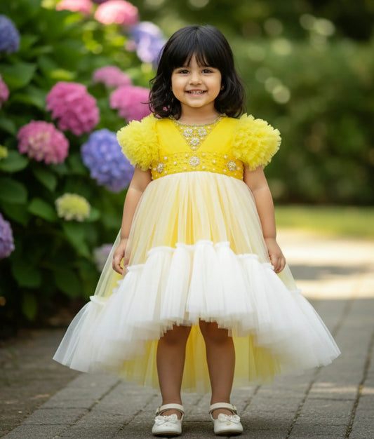 Yellow Tulle Net Handworked High Low Birthday Frock For Baby Girl [Ready To Ship :2382]