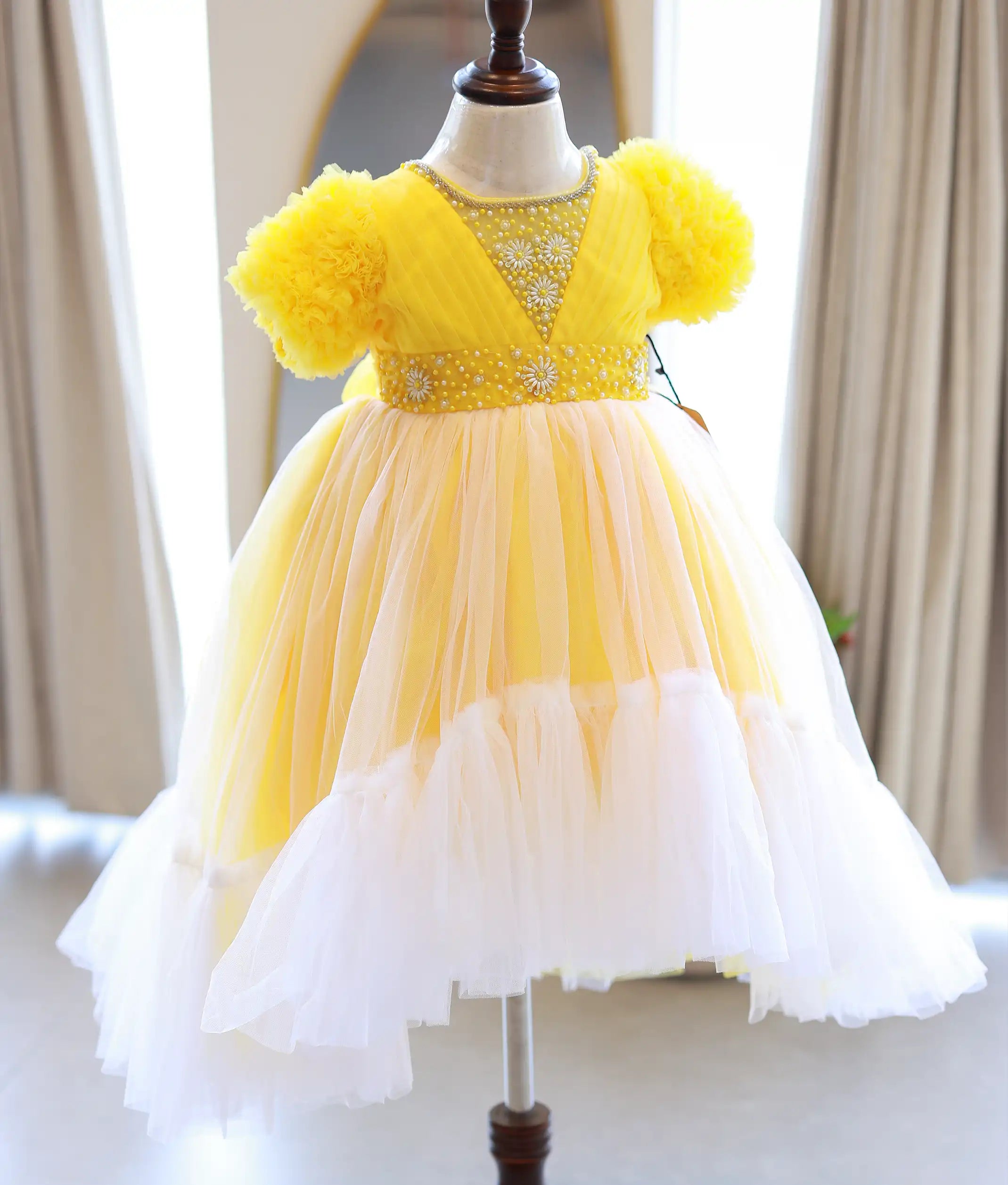 Yellow Tulle Net Hand worked High Low Birthday Frock for Baby Girl [2382]