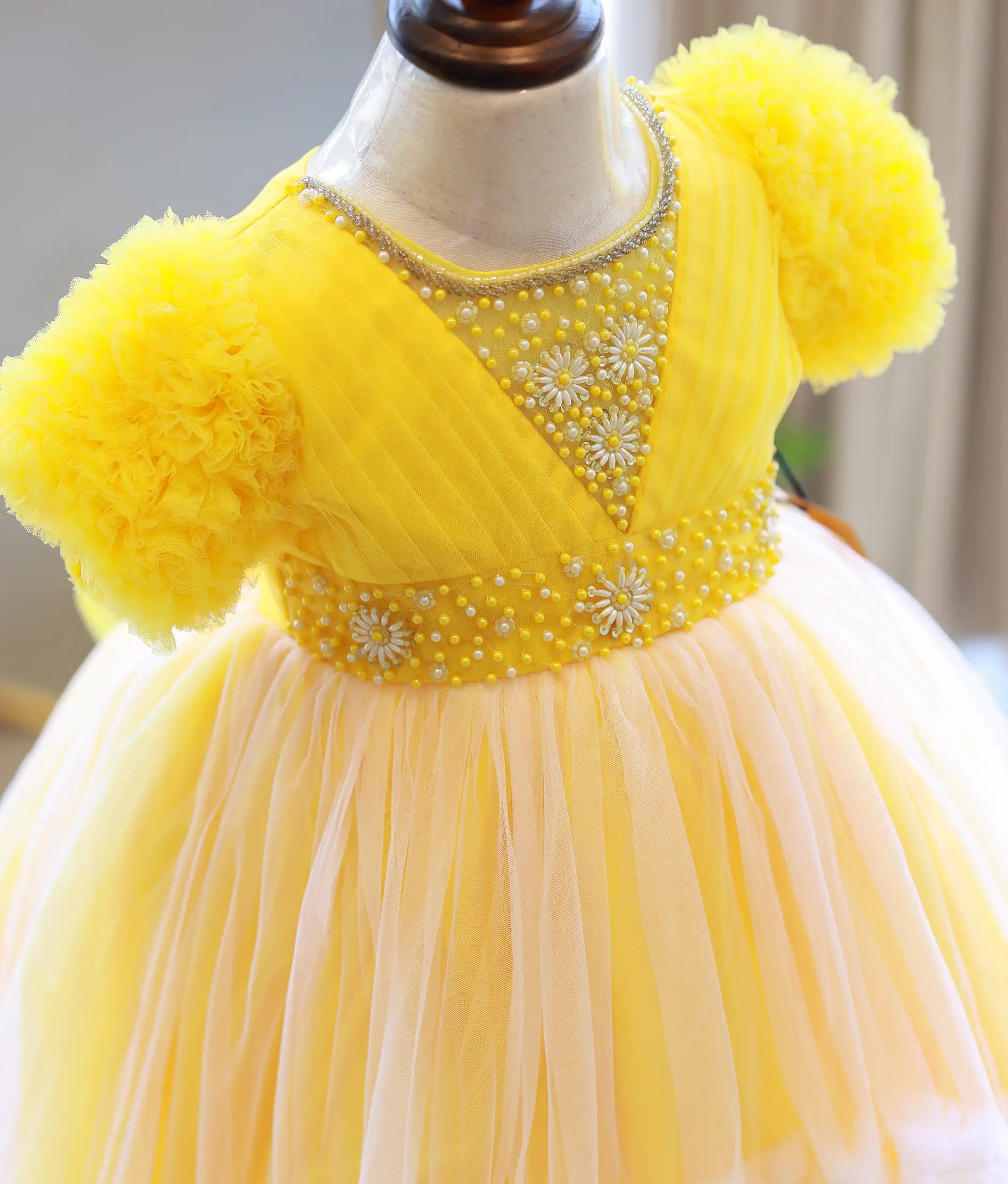 Yellow Tulle Net Hand worked High Low Birthday Frock for Baby Girl [2382]