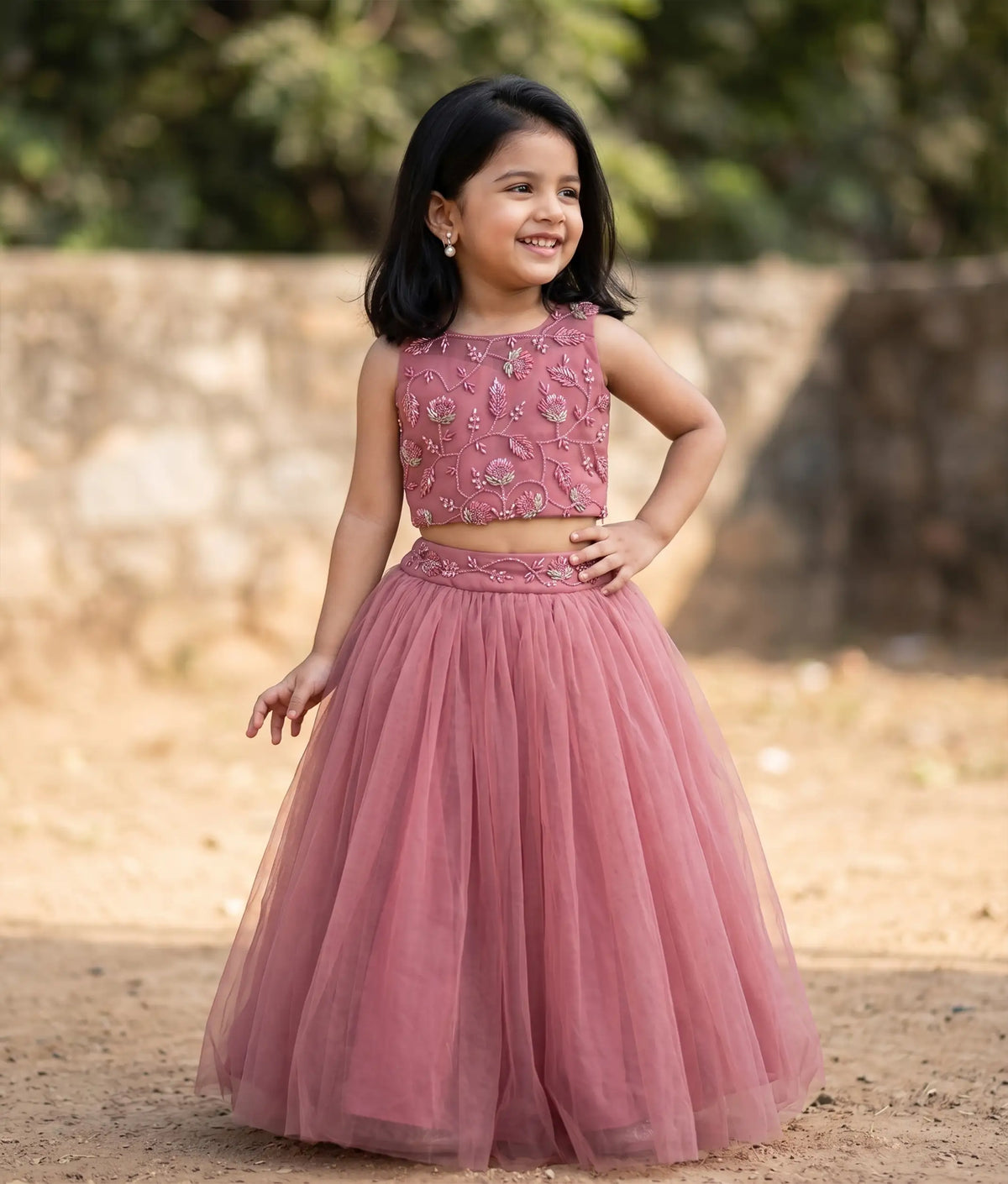 Onion Pink Handwork Crop Top with Full Length Skirt For Baby Girl [2388]