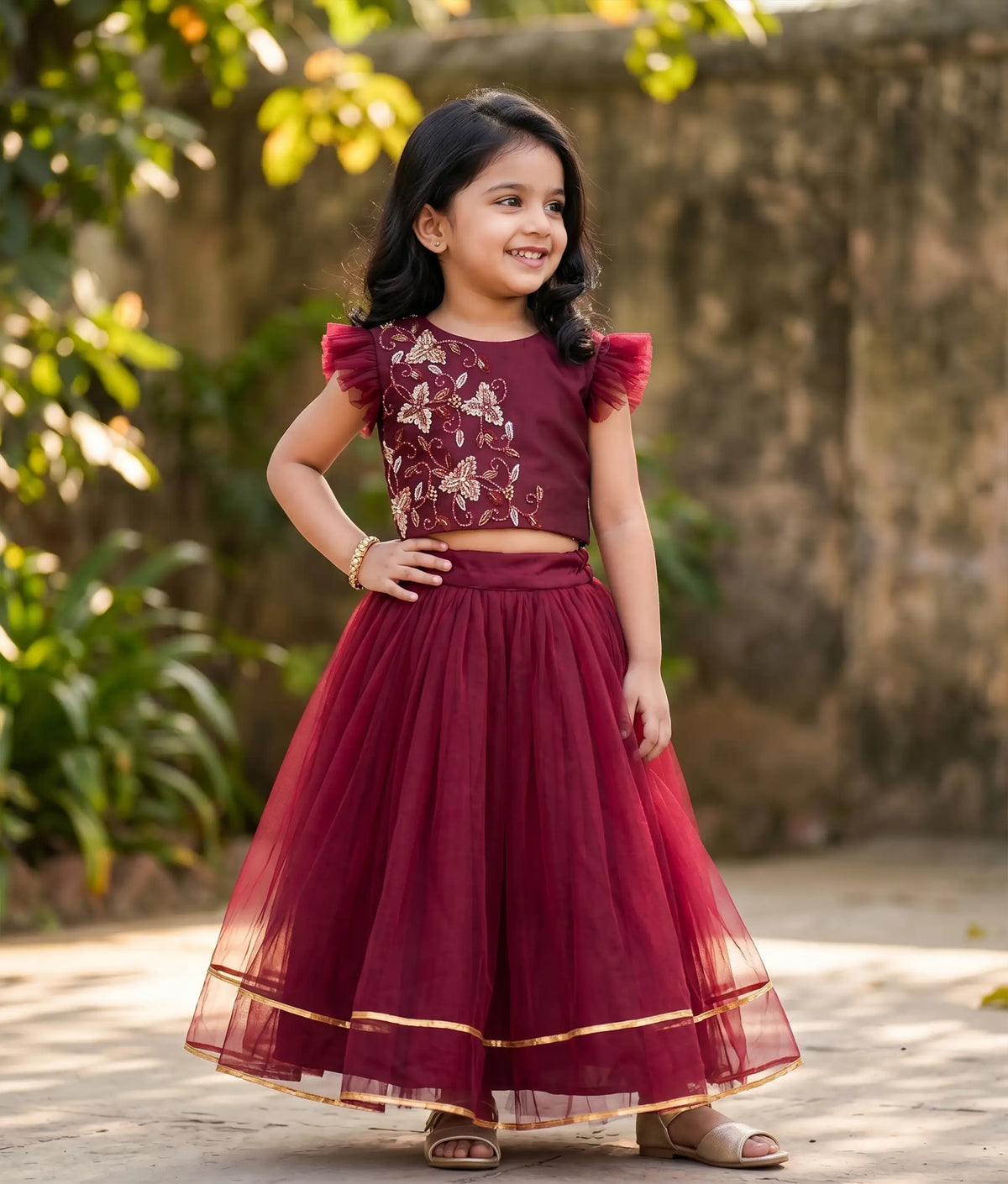 Grape Wine Tulle Net Hand worked Top with Full Length Skirt for Baby Girl [2449]