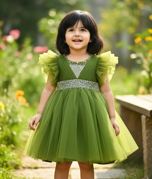 Olive Green Tulle Net Handworked Birthday Frock For Baby Girl [Ready To Ship: 2472]