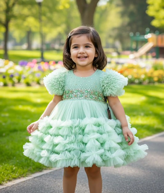 Pastel Green Tulle Net  Handworked Birthday Frock For Baby Girl [Ready to ship :2479]
