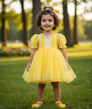 Yellow Tulle Net Embroidery Casual Frock For Baby Girl [2480]