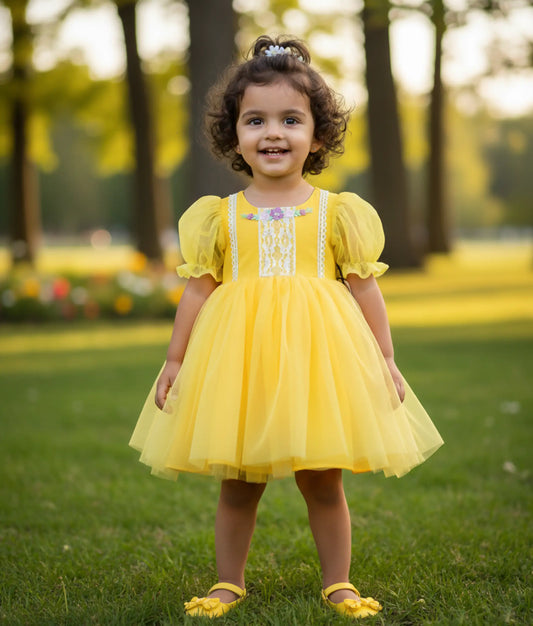 Yellow Tulle Net Embroidery Casual Frock For Baby Girl [Ready to ship: 2480]