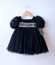 Black Tulle Net Embroidery Central Sash Casual Frock for Baby Girl [2511]