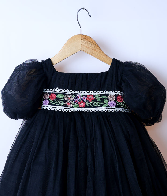 Black Tulle Net Embroidery Central Sash Casual Frock for Baby Girl [2511]