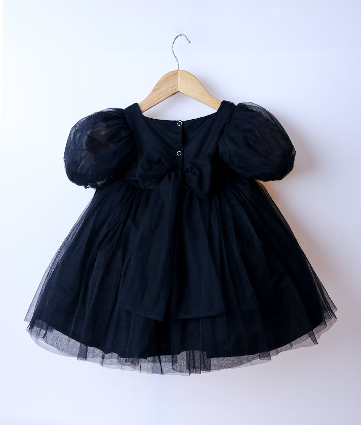 Black Tulle Net Embroidery Central Sash Casual Frock for Baby Girl [2511]
