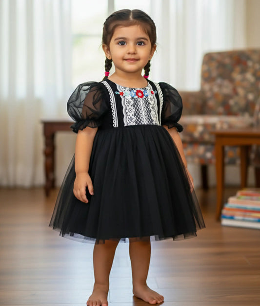 Black Tulle Net Embroidery Casual Frock For Baby Girl [Ready to ship: 2514]