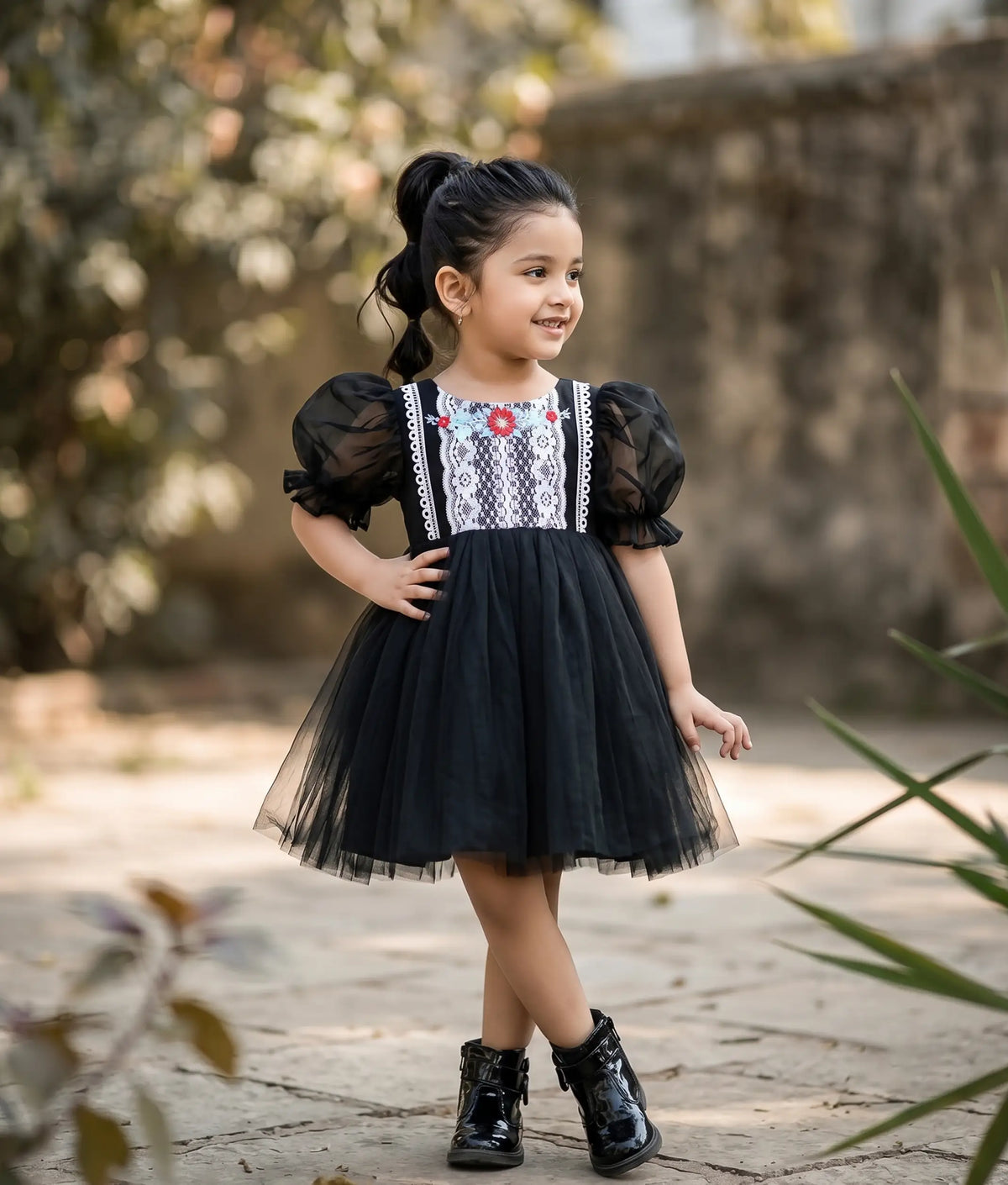 Black Tulle Net Embroidery Casual Frock For Baby Girl [2514]