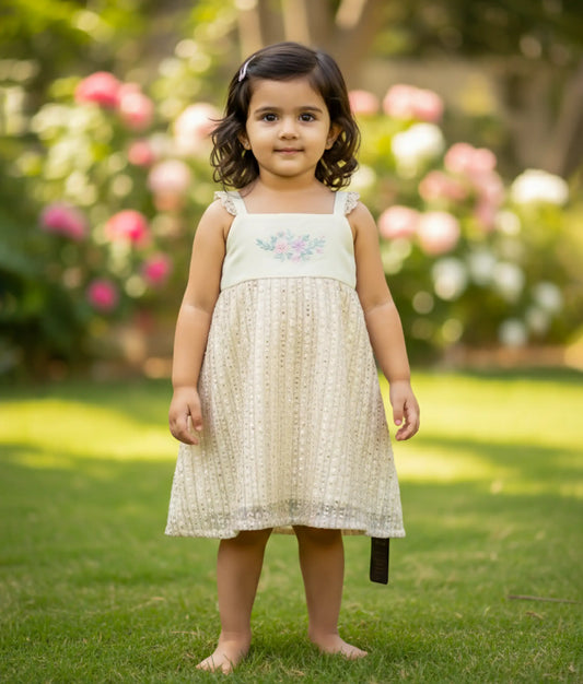 Offwhite Floral Embroidery A-line Frock For Baby Girl [Ready to ship: 2546]