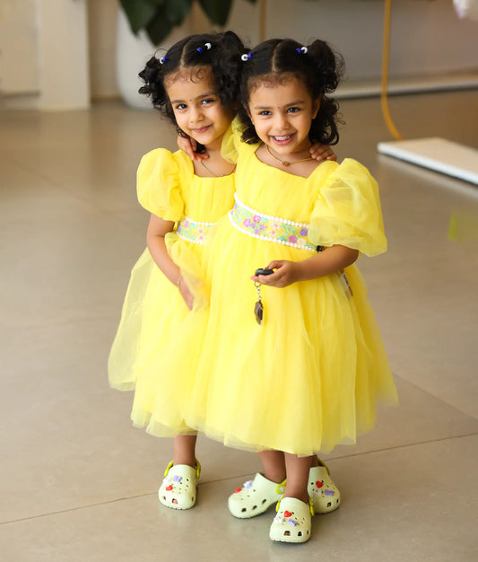 Yellow Tulle Net Embroidery casual Frock For Baby Girl [Ready to ship :2575]