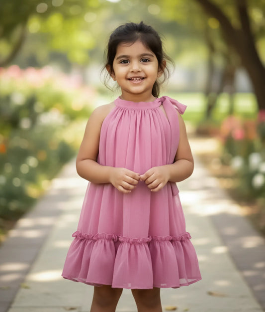 Peach Shimmer Georgette Halter Neck FRock For Baby Girl [Ready To Ship: 2596]