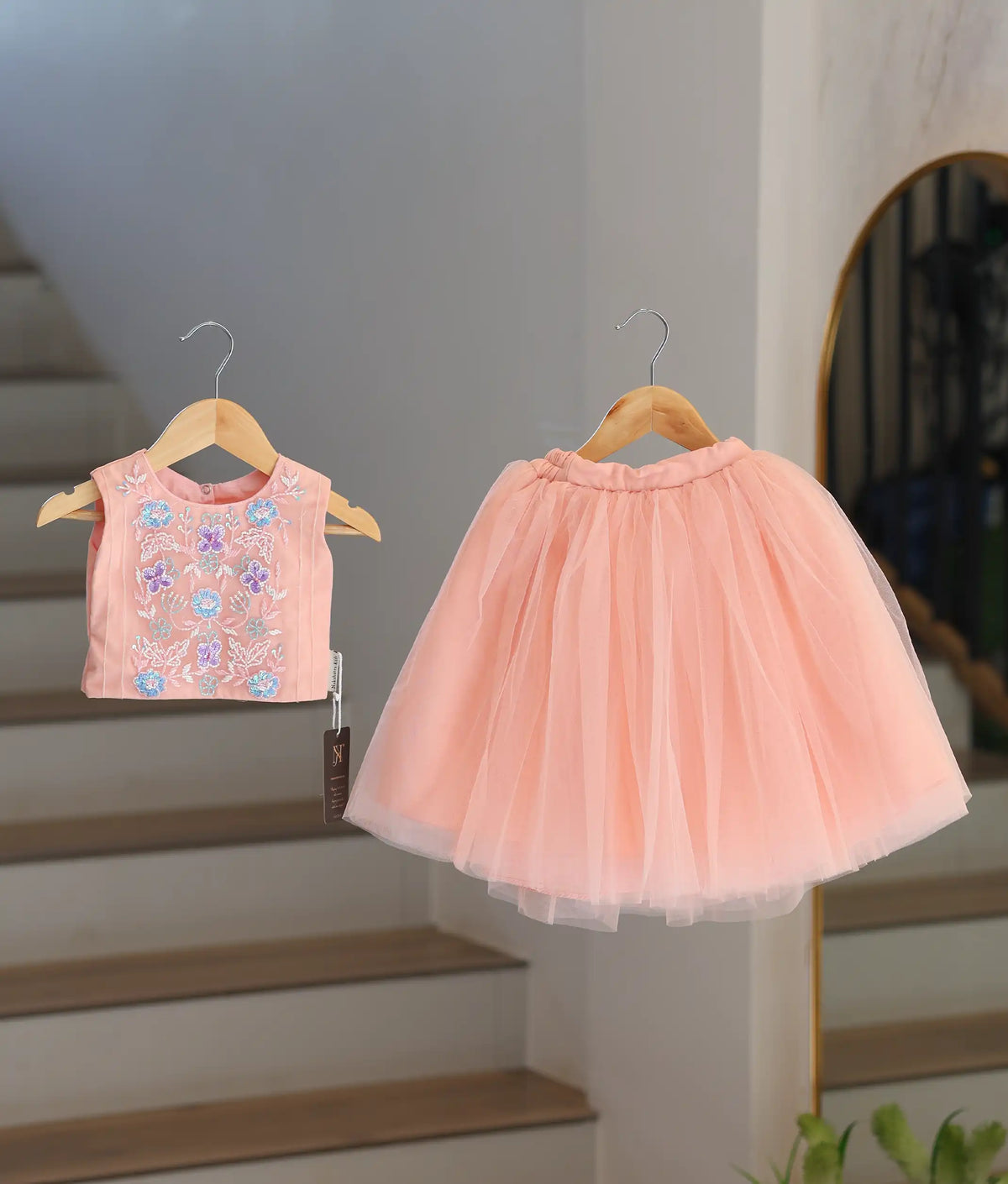 Peach Tulle Net Handworked Crop Top With Full Length Skirt For Baby Girl [2610]