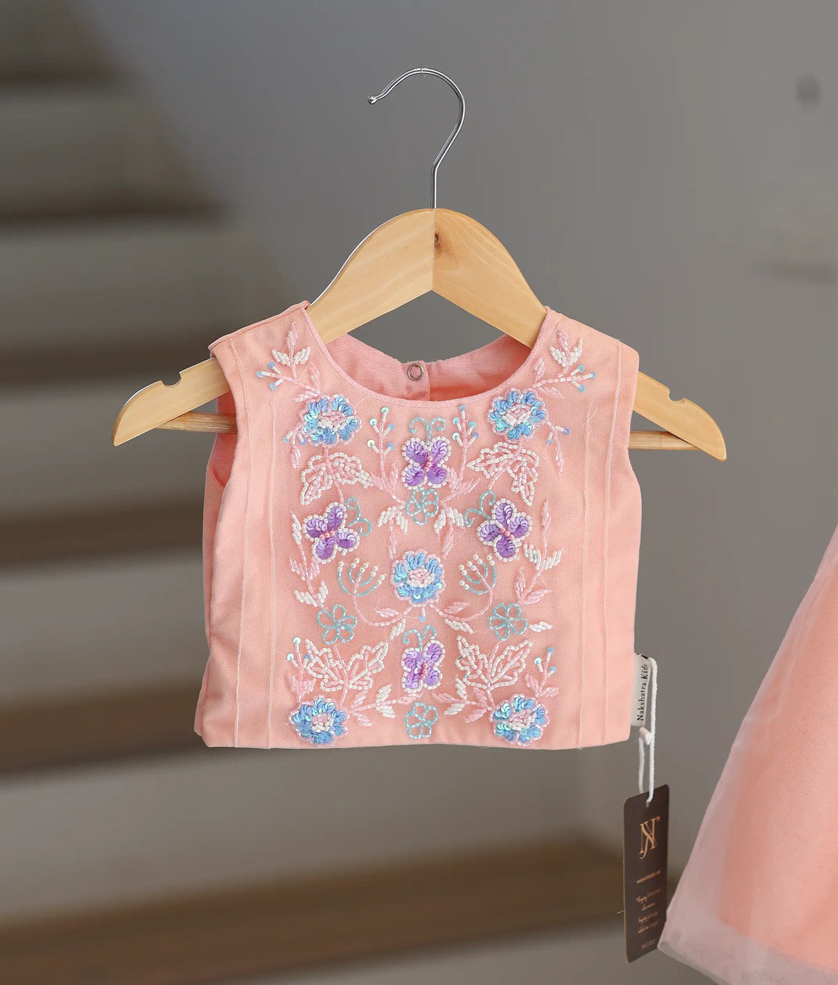 Peach Tulle Net Handworked Crop Top With Full Length Skirt For Baby Girl [2610]
