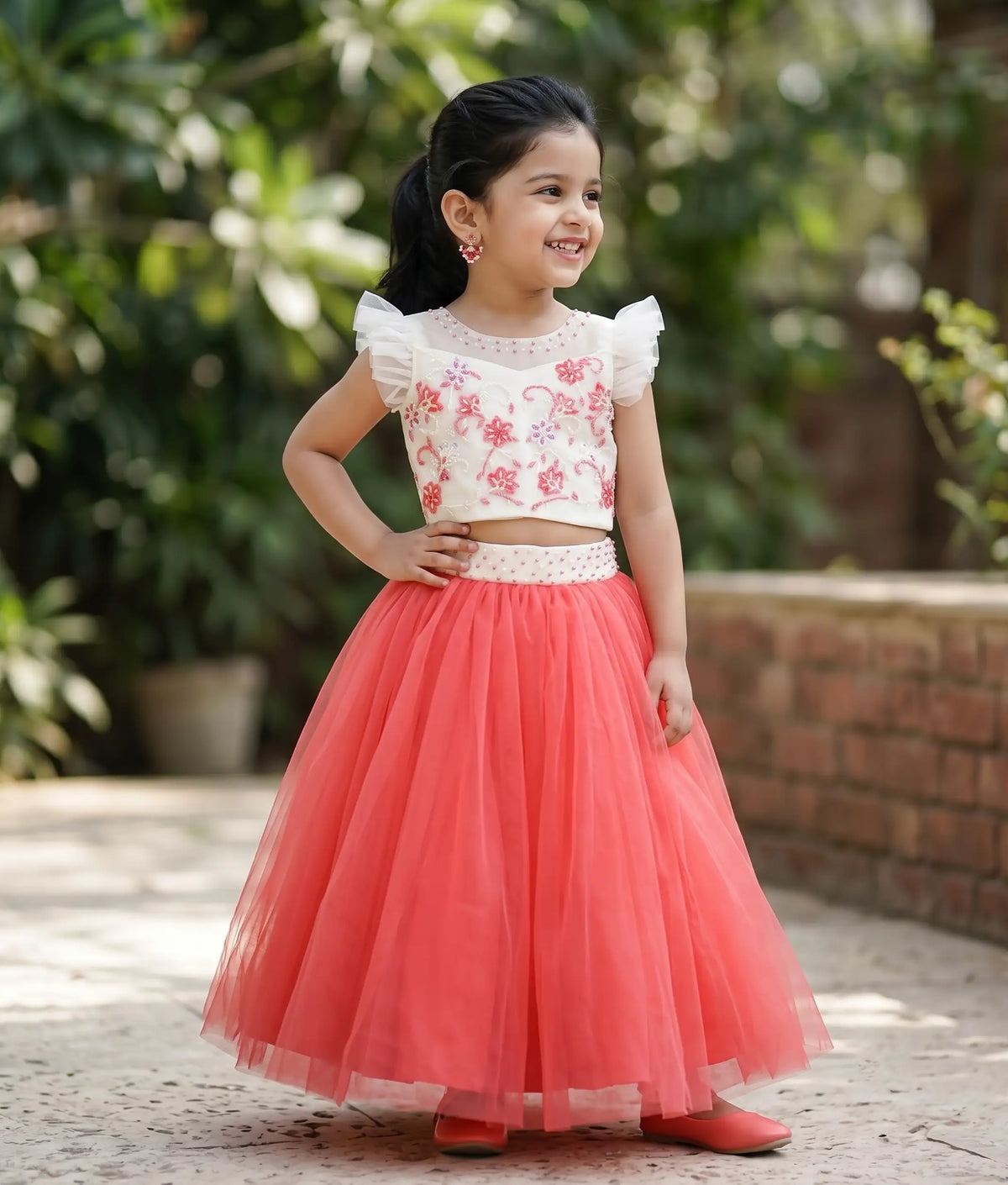 Off-White Crop Top With Dark Pink Full Length Skirt For your little One [2611]