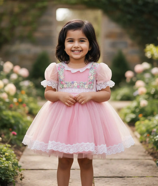Pink Tulle Net Handworked Birthday Frock For Baby Girl [Ready to ship: 2612]