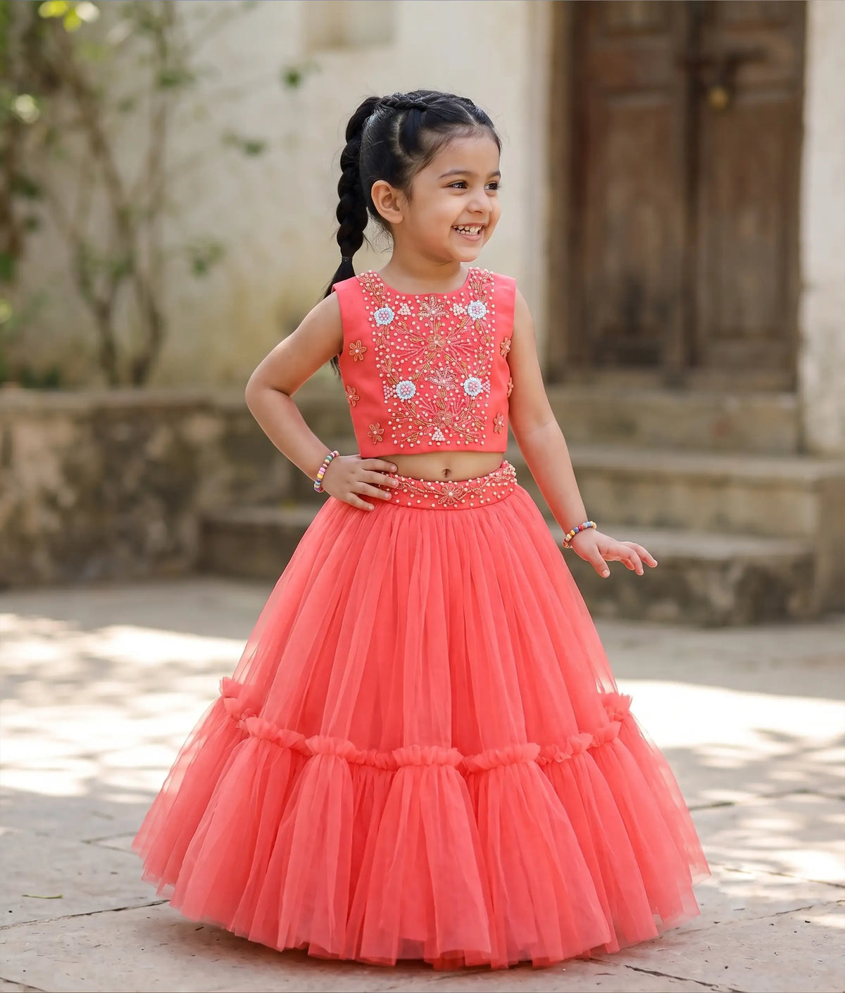 Dark Pink Tulle Net Handworked Crop Top With Full Length Skirt [2698]