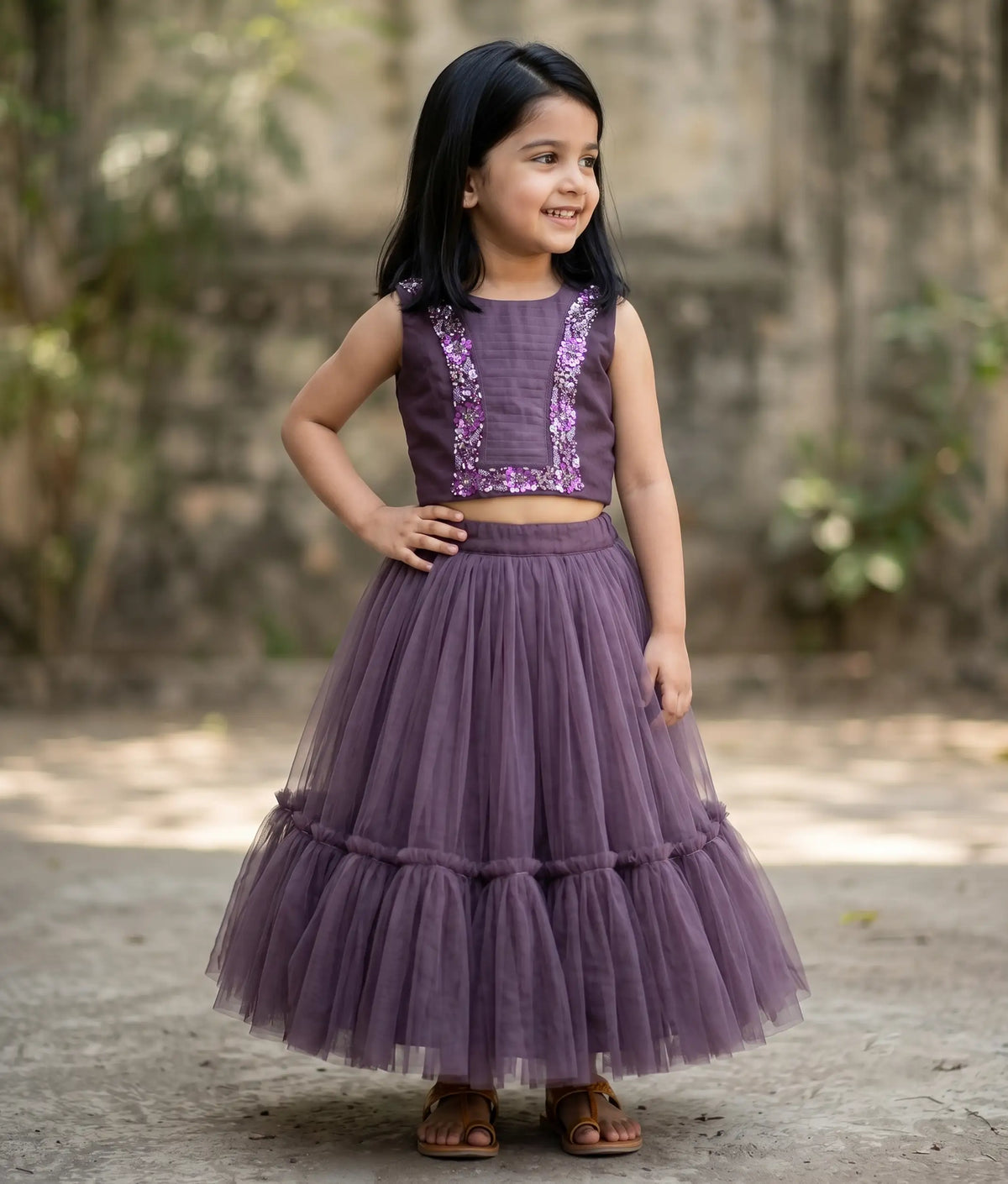 Pastel Grape wine Handworked Crop Top with Full Length Skirt [2699]
