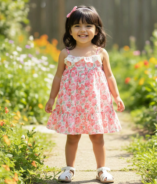 Pink Floral Printed Cotton Christmas Frock For Baby Girl [Ready to ship: 2714]