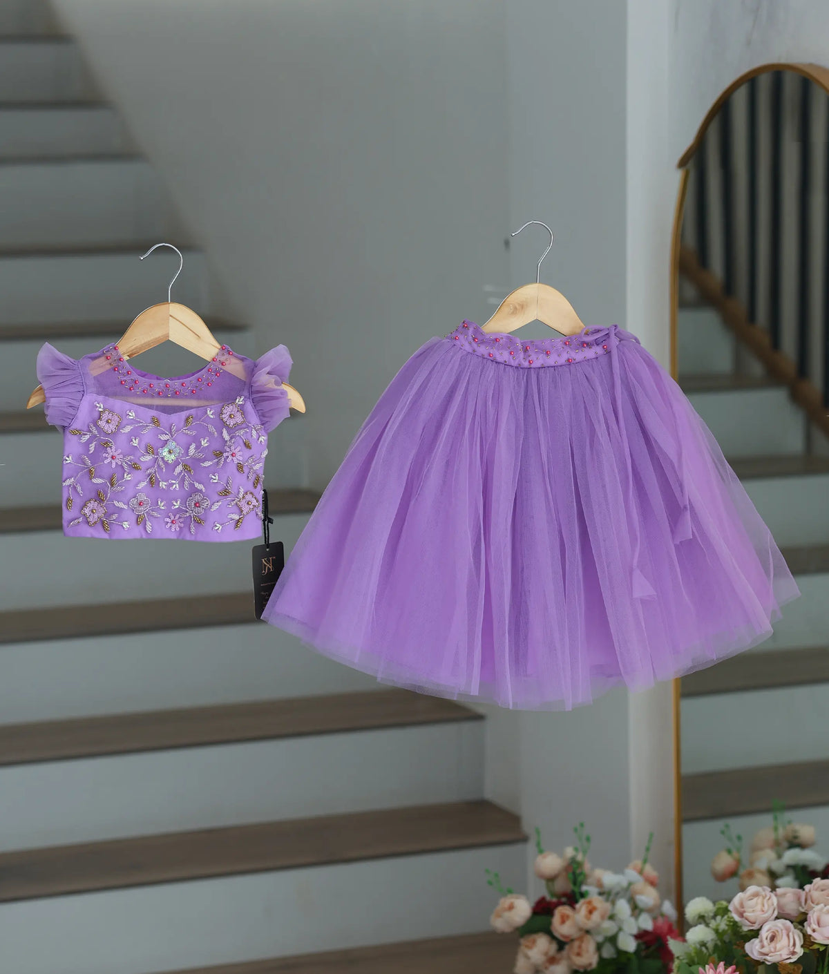 Lavender Tulle Net Handworked Crop Top With Full Length Skirt For Baby Girl [2726]