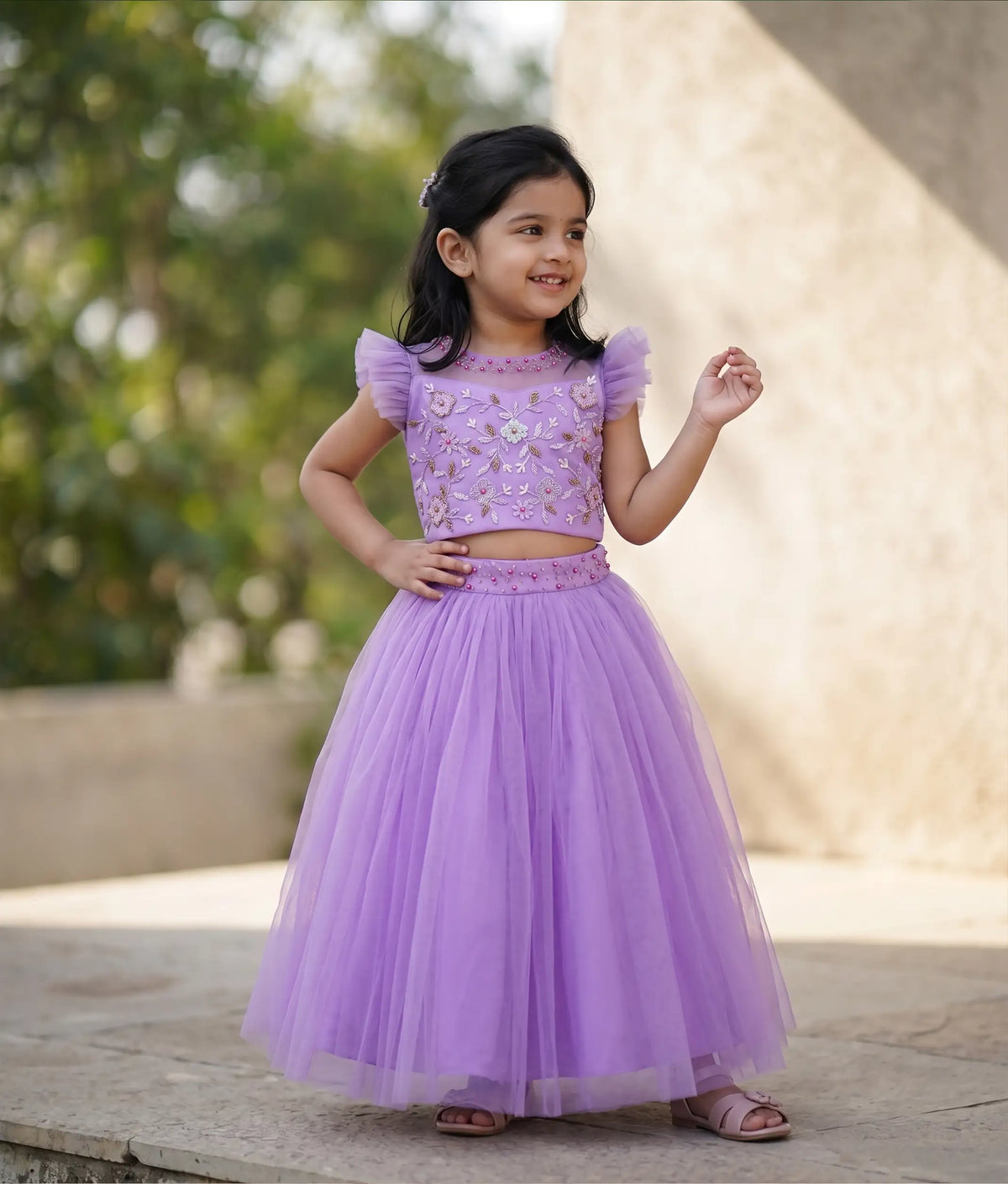 Lavender Tulle Net Handworked Crop Top With Full Length Skirt For Baby Girl 2726]