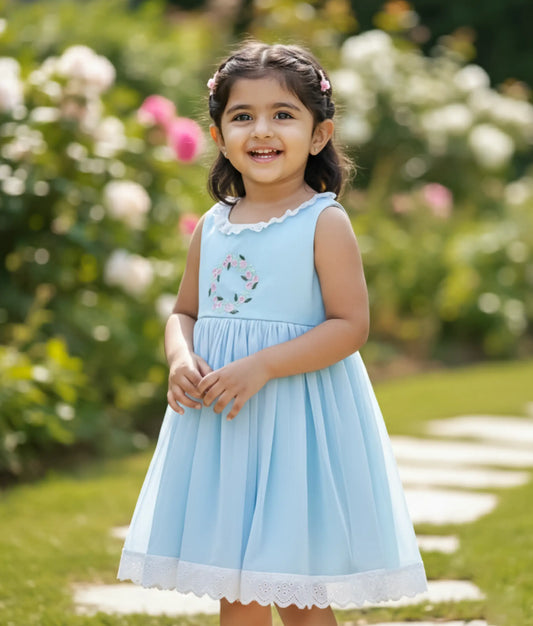 Pastel Blue Shimmer Georgette Floral Design Casual Frock For Baby Girl [Ready to Ship :2742]